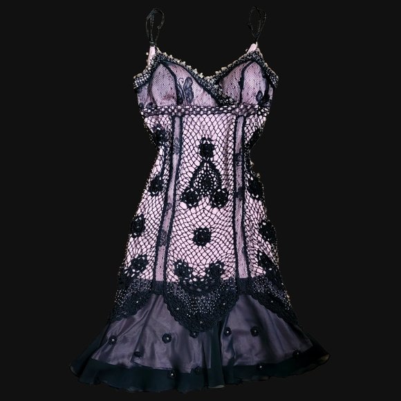 Y2K Sue Wong Slip Dress crochet beaded silk floral lace - Picture 5 of 11